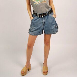Y2K Cargo Denim Shorts (8) blue vintage jeans womens mid thigh high rise casual
